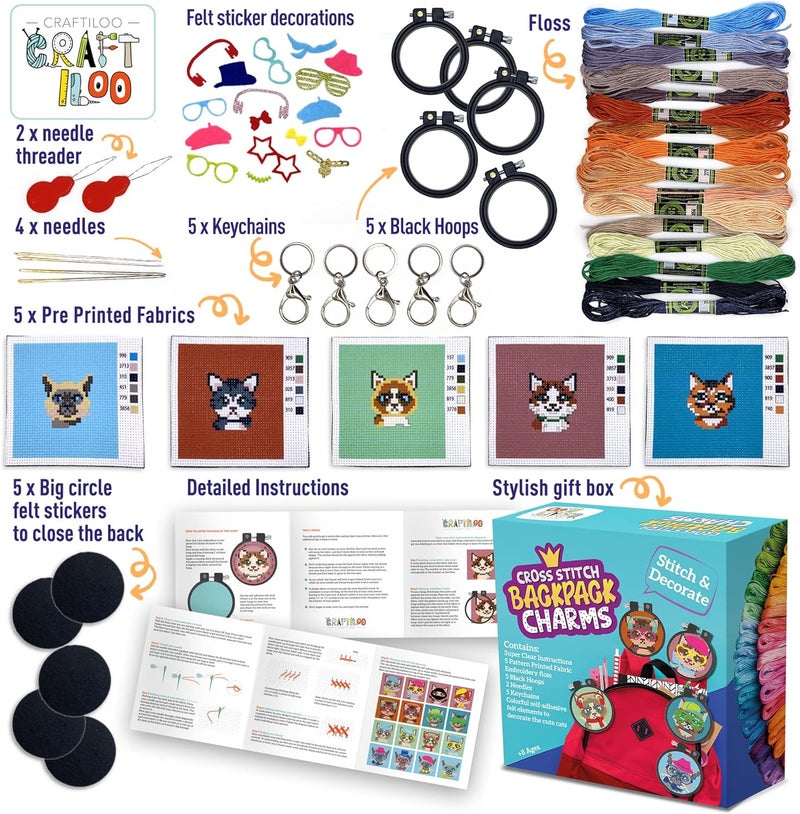 CRAFTILOO Cats Cross Stitch Kits for Beginners. 5 Stamped Cross Stitch Kits for Kids.Needlepoint Kits for Beginners. Embroidery Kit for Kids. Girls Cross Stitch kit (Cats) - Image 4